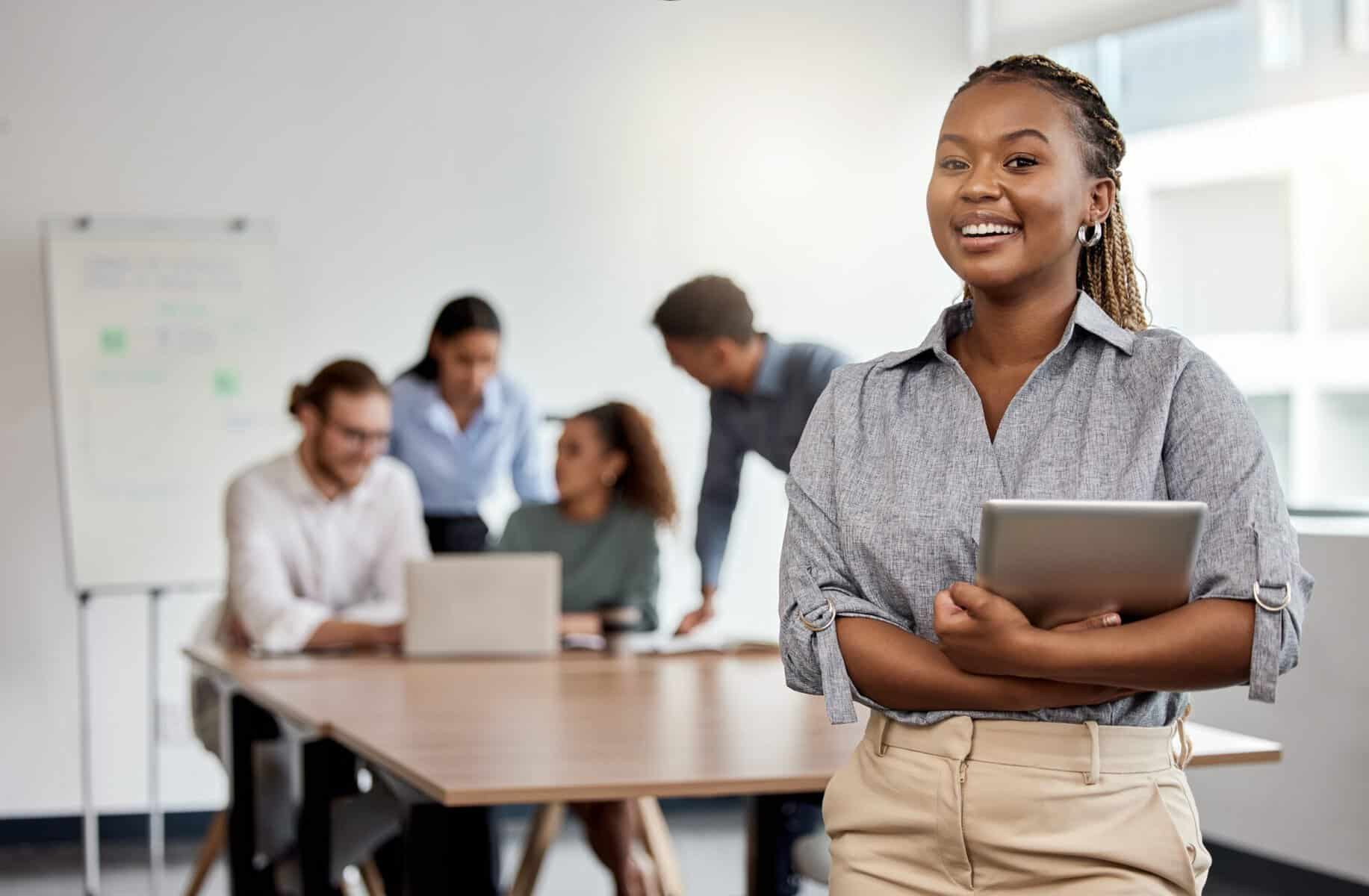 Young woman excited about project management training from Velociteach. 